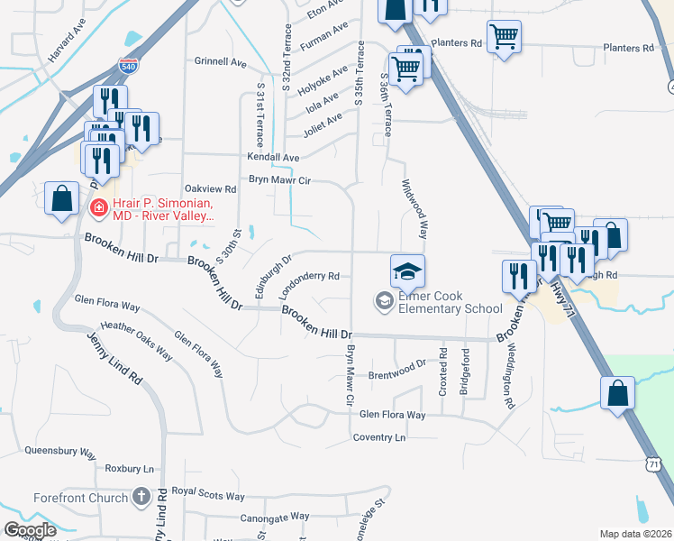 map of restaurants, bars, coffee shops, grocery stores, and more near 3417 Londonderry Road in Fort Smith