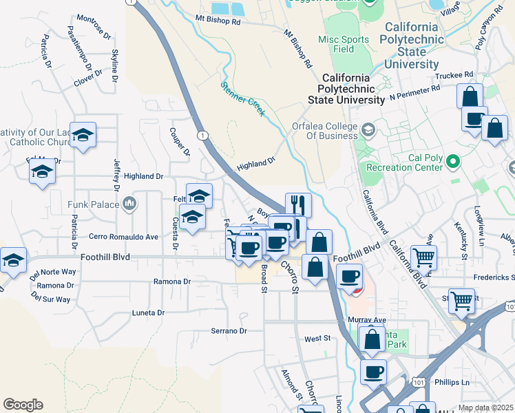 map of restaurants, bars, coffee shops, grocery stores, and more near 730 Boysen Avenue in San Luis Obispo