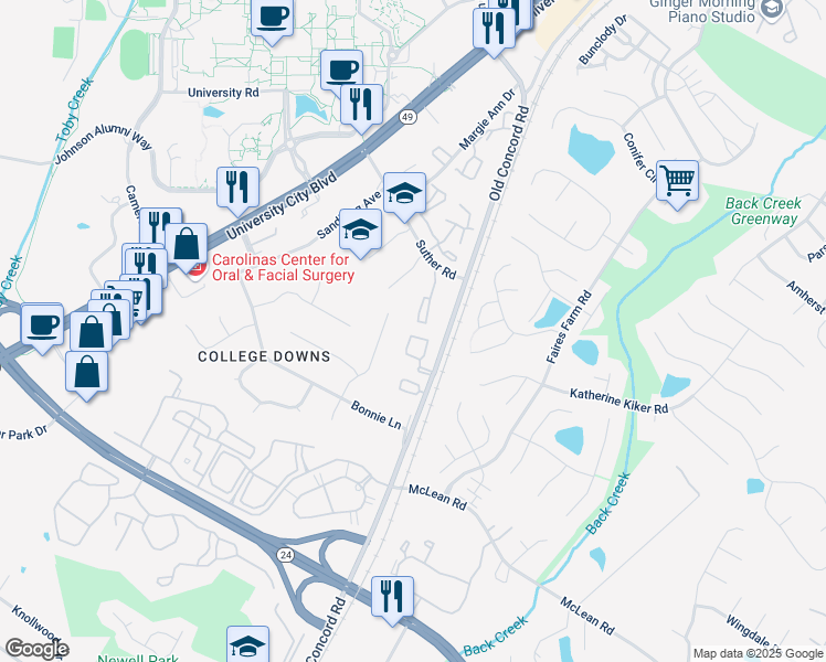 map of restaurants, bars, coffee shops, grocery stores, and more near 9445 Lexington Circle in Charlotte