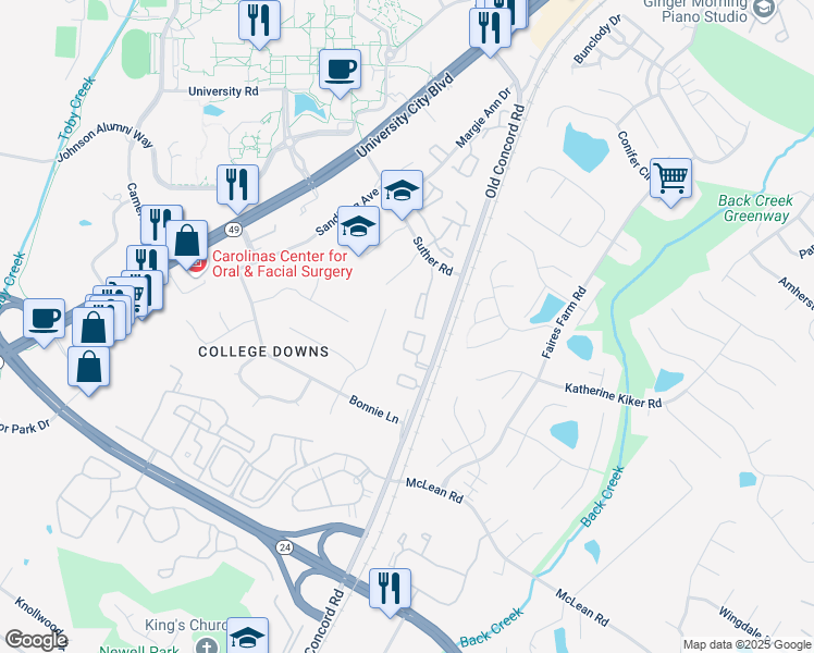 map of restaurants, bars, coffee shops, grocery stores, and more near 9445 Lexington Circle in Charlotte
