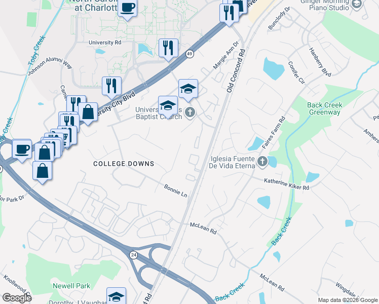 map of restaurants, bars, coffee shops, grocery stores, and more near 9424 Lexington Circle in Charlotte