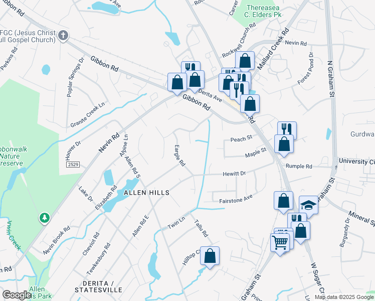map of restaurants, bars, coffee shops, grocery stores, and more near 2514 Eargle Road in Charlotte