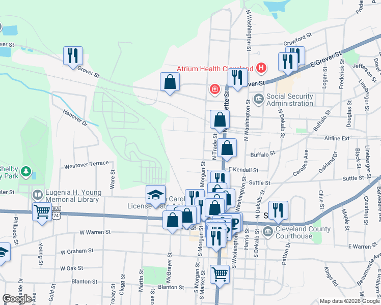 map of restaurants, bars, coffee shops, grocery stores, and more near 401 North Morgan Street in Shelby