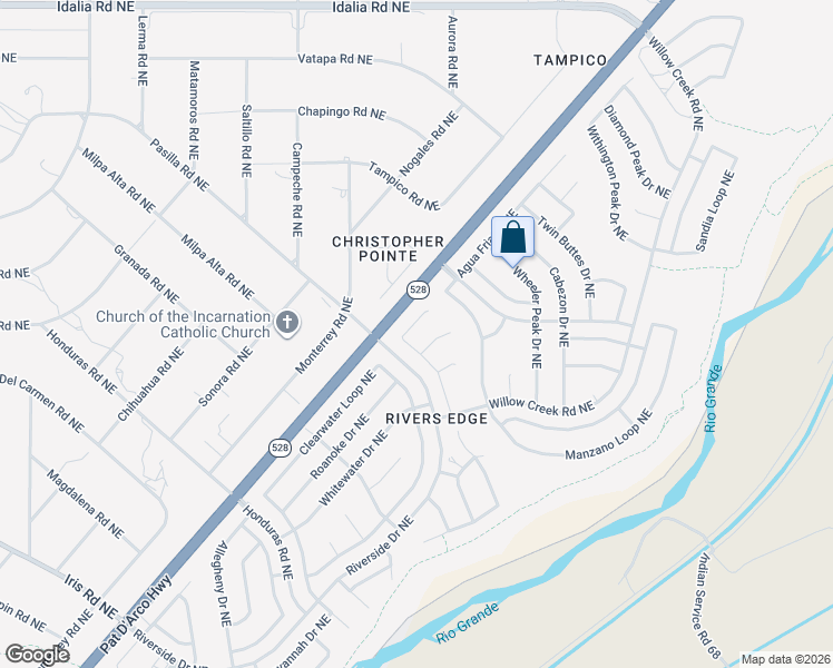 map of restaurants, bars, coffee shops, grocery stores, and more near 2155 Blue River Court Northeast in Rio Rancho