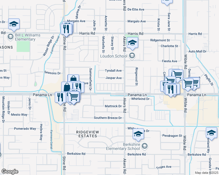 map of restaurants, bars, coffee shops, grocery stores, and more near 6351 Akers Road in Bakersfield