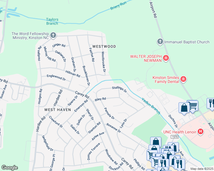 map of restaurants, bars, coffee shops, grocery stores, and more near 2212 Stallings Dr in Kinston