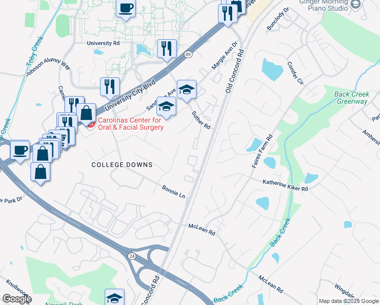 map of restaurants, bars, coffee shops, grocery stores, and more near 9445 Lexington Circle in Charlotte