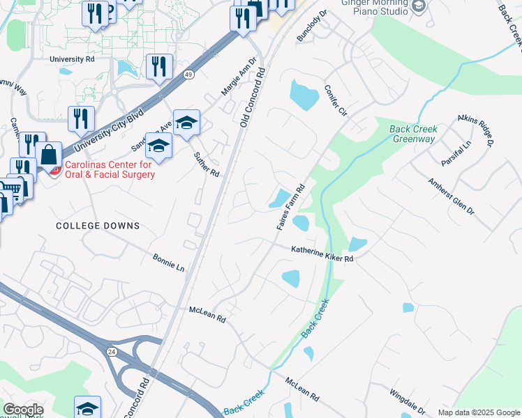 map of restaurants, bars, coffee shops, grocery stores, and more near 1720 Gordon Walters Drive in Charlotte
