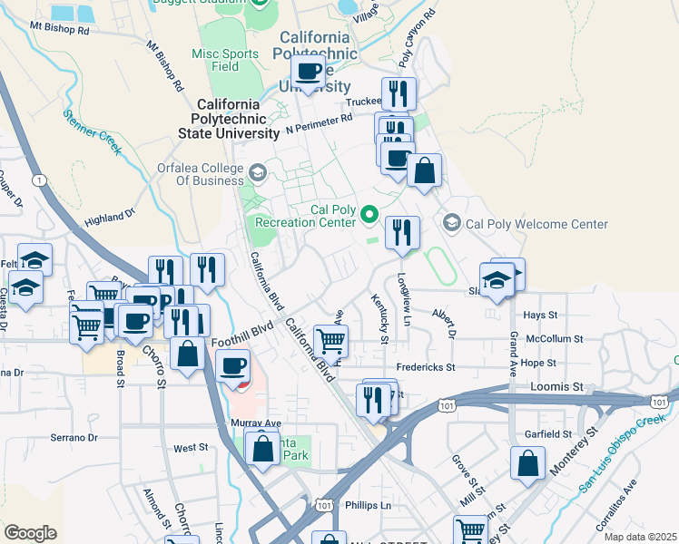 map of restaurants, bars, coffee shops, grocery stores, and more near 1304 Foothill Boulevard in San Luis Obispo