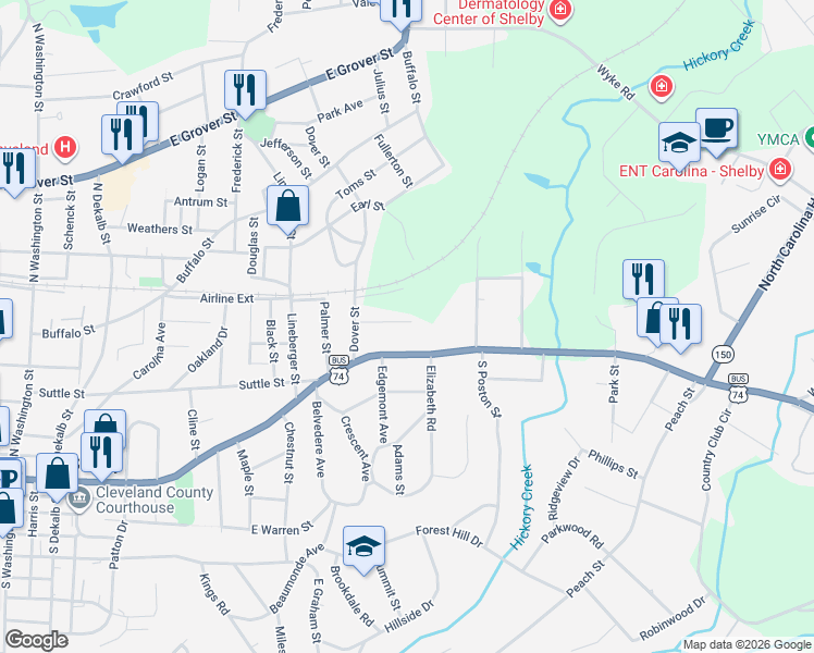 map of restaurants, bars, coffee shops, grocery stores, and more near 1008 Gum Street in Shelby