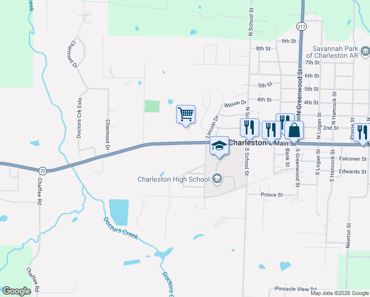 map of restaurants, bars, coffee shops, grocery stores, and more near 511 West Main Street in Charleston