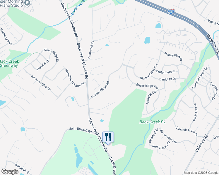 map of restaurants, bars, coffee shops, grocery stores, and more near 11416 Timber Ridge Road in Charlotte