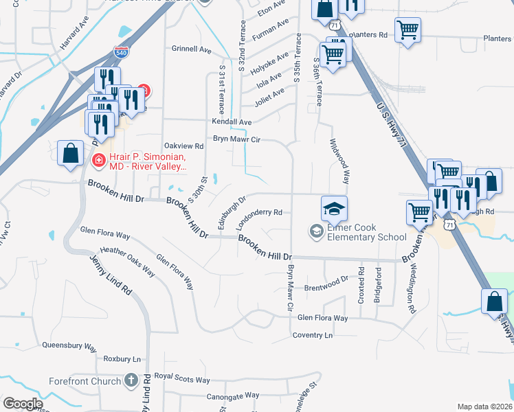 map of restaurants, bars, coffee shops, grocery stores, and more near 3226 Londonderry Road in Fort Smith