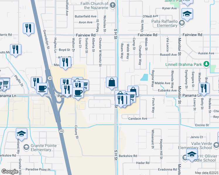 map of restaurants, bars, coffee shops, grocery stores, and more near 6401 South H Street in Bakersfield