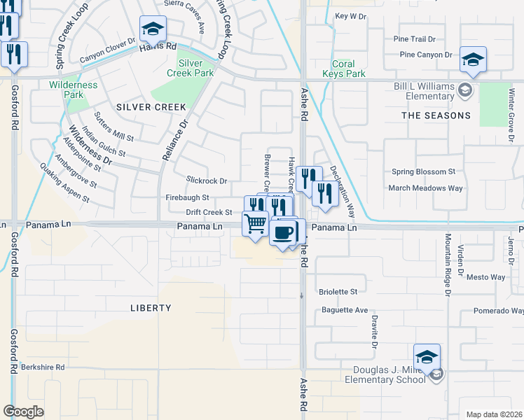 map of restaurants, bars, coffee shops, grocery stores, and more near 6803 Drift Creek Street in Bakersfield
