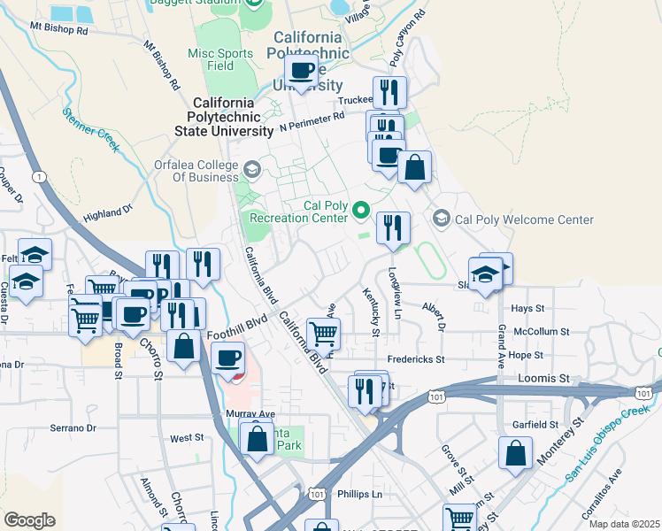 map of restaurants, bars, coffee shops, grocery stores, and more near 1304 Foothill Boulevard in San Luis Obispo