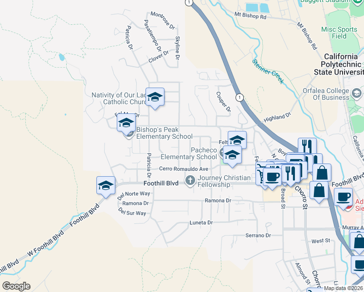 map of restaurants, bars, coffee shops, grocery stores, and more near 326 Jeffrey Drive in San Luis Obispo