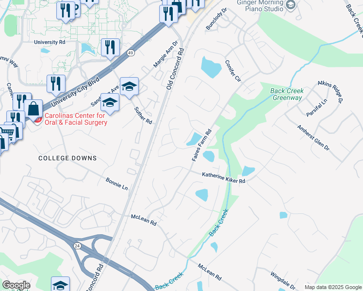 map of restaurants, bars, coffee shops, grocery stores, and more near 1720 Gordon Walters Drive in Charlotte