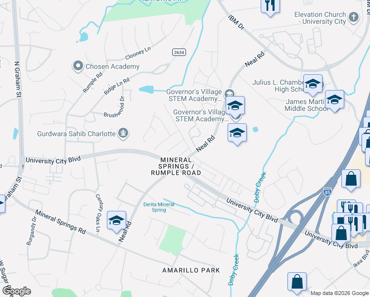 map of restaurants, bars, coffee shops, grocery stores, and more near 7523 Double Springs Court in Charlotte