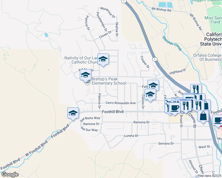 map of restaurants, bars, coffee shops, grocery stores, and more near 260 Donna Way in San Luis Obispo