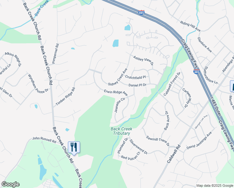 map of restaurants, bars, coffee shops, grocery stores, and more near 11527 Erwin Ridge Avenue in Charlotte