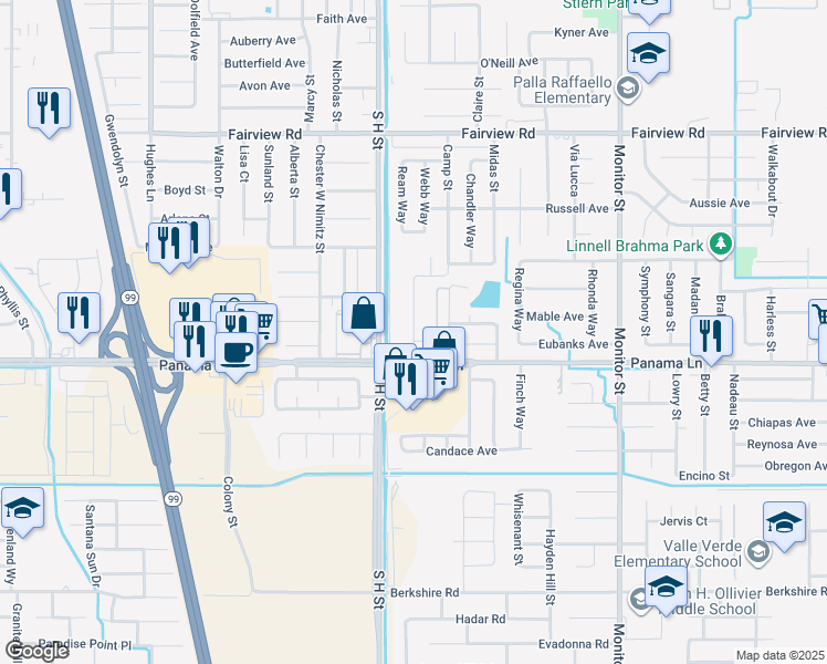 map of restaurants, bars, coffee shops, grocery stores, and more near 6207 Parsons Way in Bakersfield