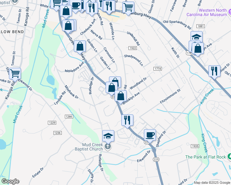 map of restaurants, bars, coffee shops, grocery stores, and more near 1214 North Carolina 225 in Hendersonville
