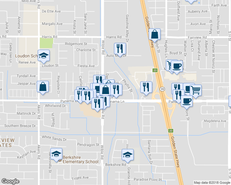 map of restaurants, bars, coffee shops, grocery stores, and more near 3109 Tomlinson Street in Bakersfield