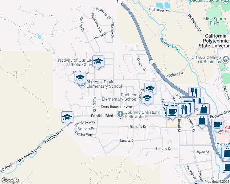 map of restaurants, bars, coffee shops, grocery stores, and more near 326 Jeffrey Drive in San Luis Obispo
