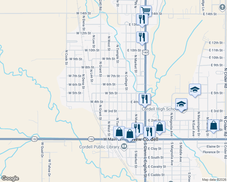 map of restaurants, bars, coffee shops, grocery stores, and more near 519 North West Street in New Cordell