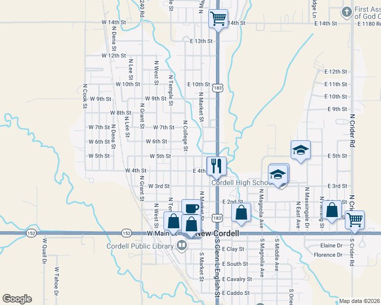 map of restaurants, bars, coffee shops, grocery stores, and more near 116 5th Street in New Cordell