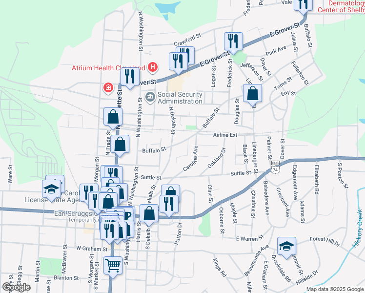 map of restaurants, bars, coffee shops, grocery stores, and more near 505 Wardell Street in Shelby