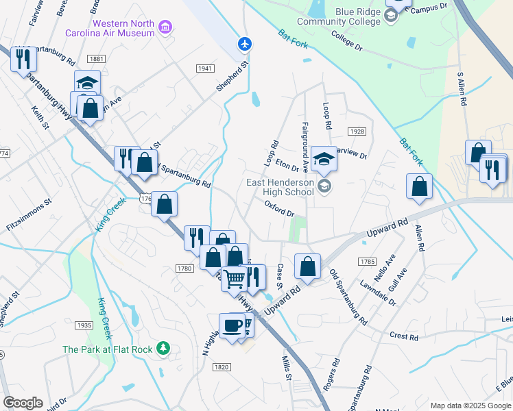 map of restaurants, bars, coffee shops, grocery stores, and more near 1915 Oxford Drive in Hendersonville