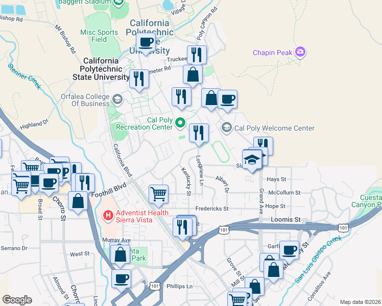 map of restaurants, bars, coffee shops, grocery stores, and more near 125 Longview Lane in San Luis Obispo