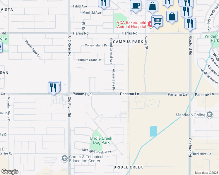 map of restaurants, bars, coffee shops, grocery stores, and more near 9205 Rockefeller Street in Bakersfield