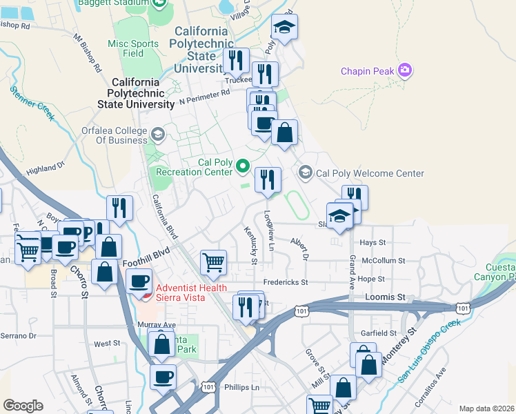map of restaurants, bars, coffee shops, grocery stores, and more near 125 Longview Lane in San Luis Obispo