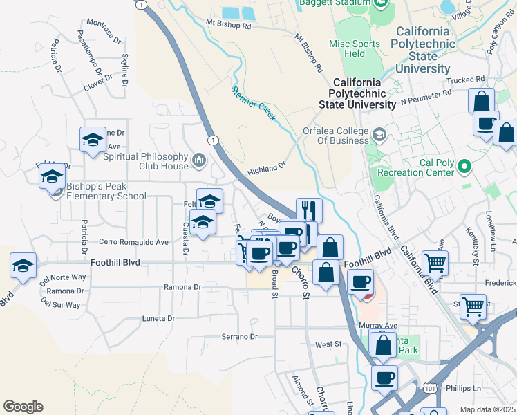map of restaurants, bars, coffee shops, grocery stores, and more near 390 North Chorro Street in San Luis Obispo