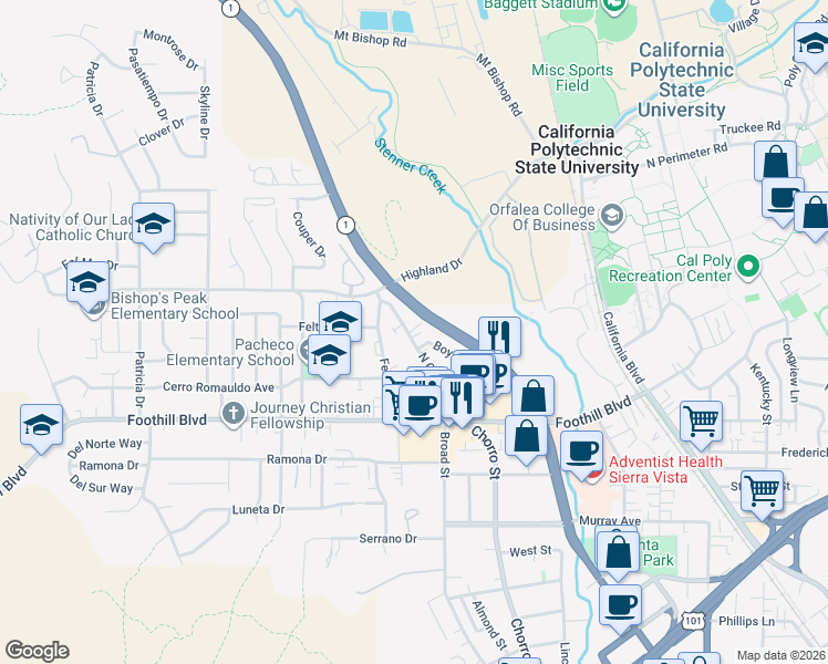 map of restaurants, bars, coffee shops, grocery stores, and more near 375 North Chorro Street in San Luis Obispo