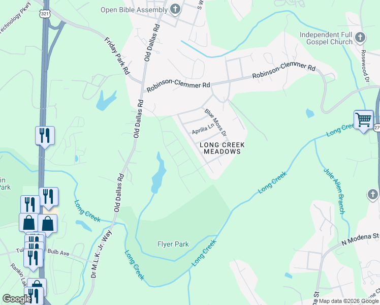 map of restaurants, bars, coffee shops, grocery stores, and more near 2553 Meadow Crossing Drive in Dallas
