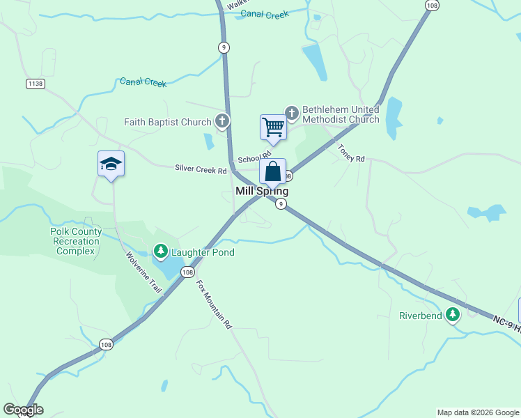 map of restaurants, bars, coffee shops, grocery stores, and more near 4320 North Carolina 108 in Mill Spring