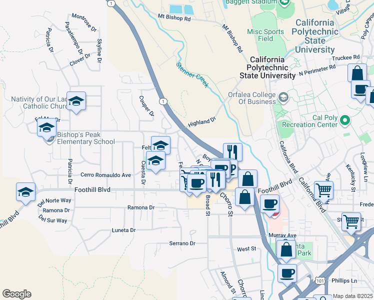 map of restaurants, bars, coffee shops, grocery stores, and more near 449 North Chorro Street in San Luis Obispo