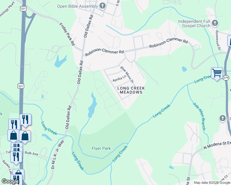 map of restaurants, bars, coffee shops, grocery stores, and more near 2553 Meadow Crossing Drive in Dallas