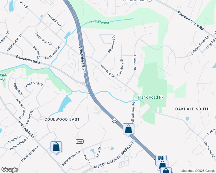 map of restaurants, bars, coffee shops, grocery stores, and more near 6625 Old Plank Road in Charlotte