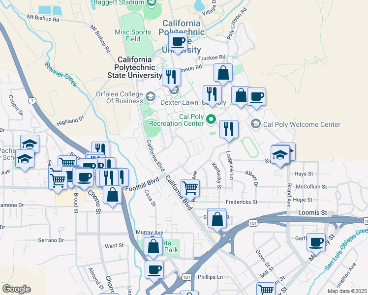 map of restaurants, bars, coffee shops, grocery stores, and more near 1236 Monte Vista Place in San Luis Obispo