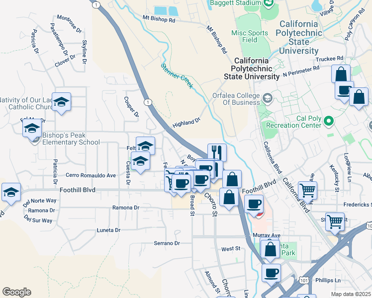 map of restaurants, bars, coffee shops, grocery stores, and more near 722 Boysen Avenue in San Luis Obispo