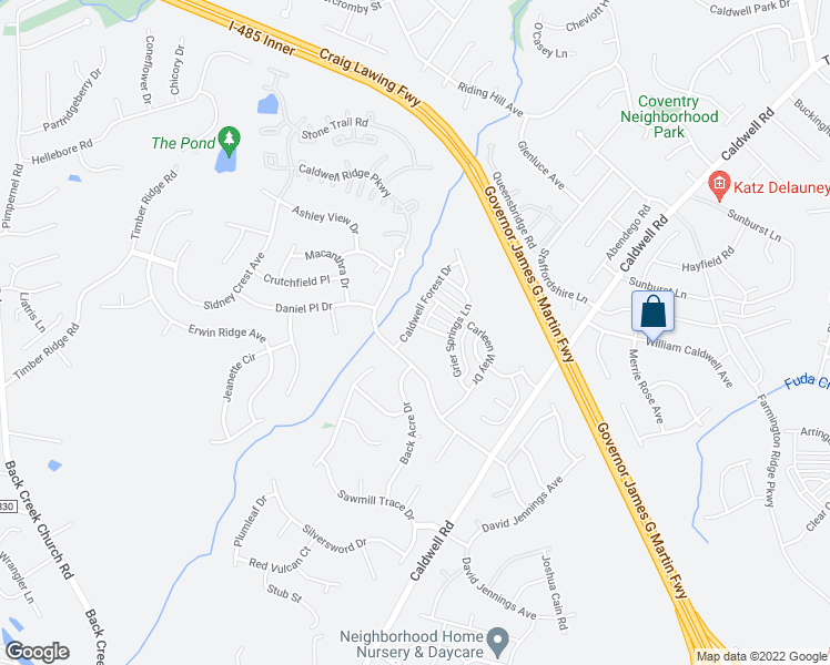 map of restaurants, bars, coffee shops, grocery stores, and more near 10118 Caldwell Forest Drive in Charlotte