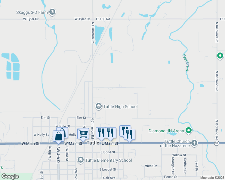 map of restaurants, bars, coffee shops, grocery stores, and more near 212 Englebretson Lane in Tuttle