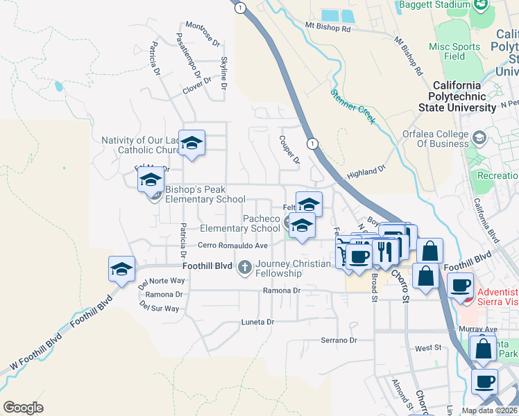 map of restaurants, bars, coffee shops, grocery stores, and more near 305 Santa Lucia Drive in San Luis Obispo