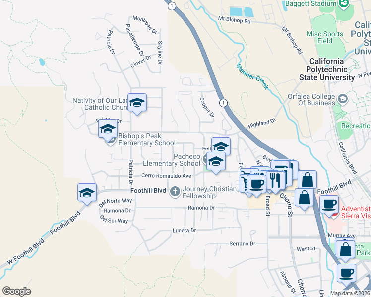 map of restaurants, bars, coffee shops, grocery stores, and more near 305 Santa Lucia Drive in San Luis Obispo