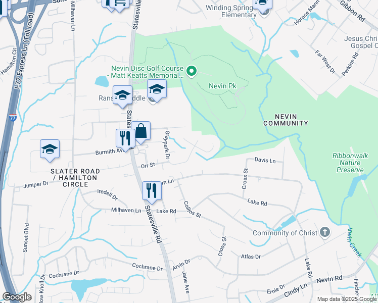 map of restaurants, bars, coffee shops, grocery stores, and more near 5427 Graypark Drive in Charlotte